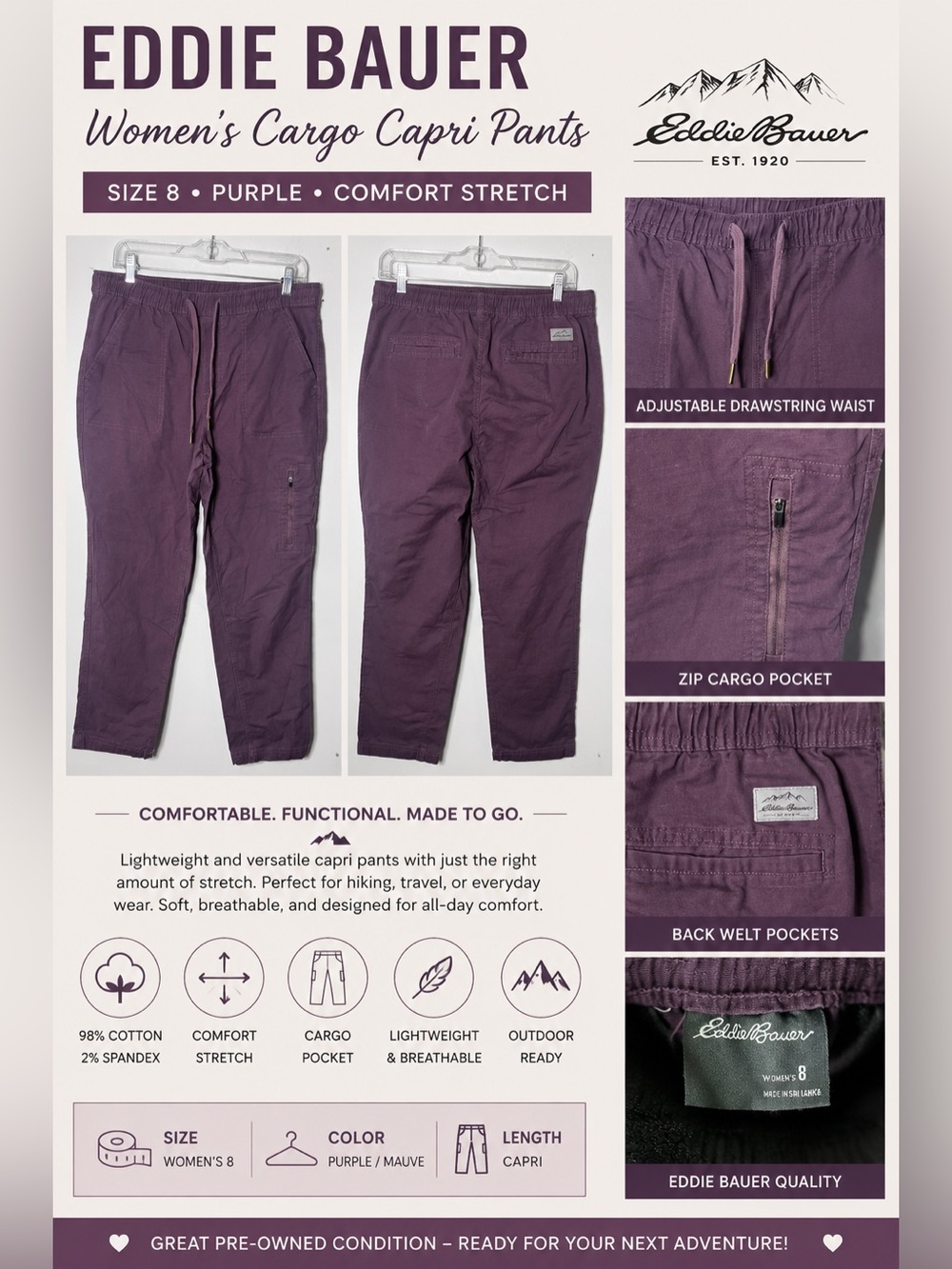 Eddie Bauer Purple Women's Cargo Capri Pants